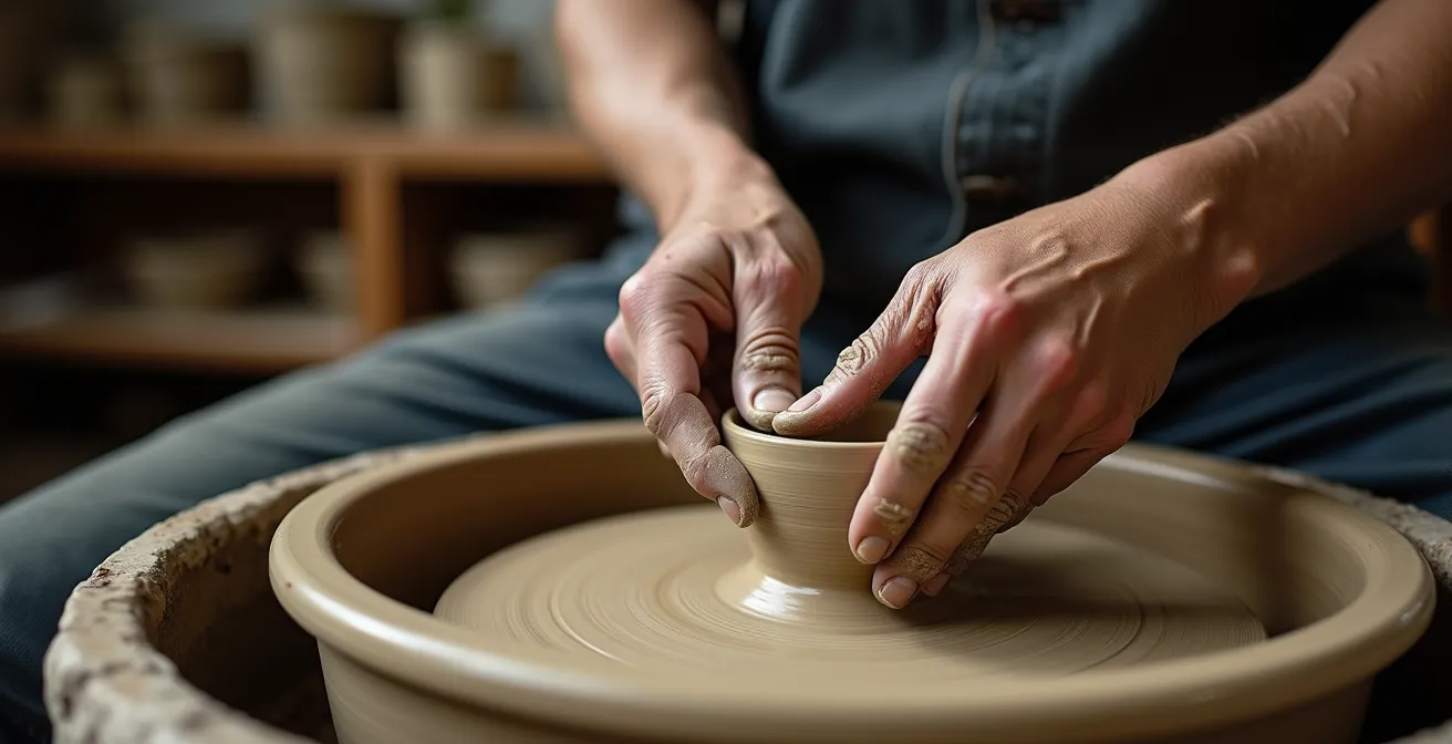 Gros plan sur les mains d'un artisan céramiste japonais travaillant au tour