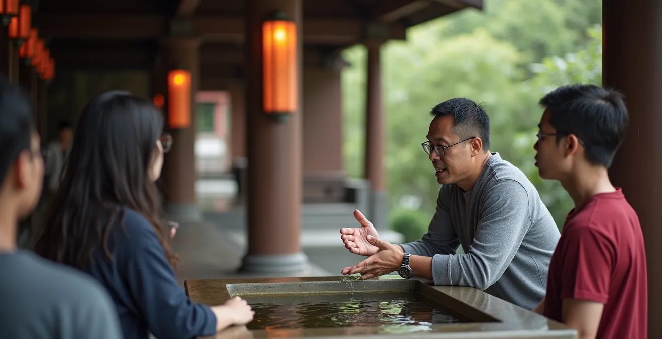 Guide francophone expliquant les rituels d'un temple à un petit groupe