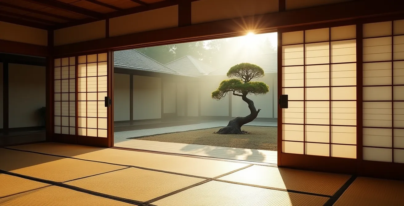 Vue d'un ryokan traditionnel japonais avec jardin zen épuré